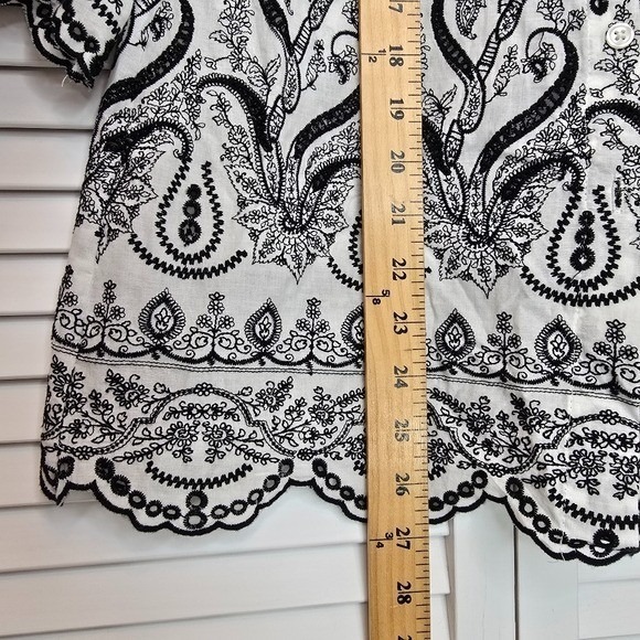 CHICO'S Paisley‎ Eyelet Shirt Black White Cotton Sz OP - 2P Boho Romantic Blouse - Picture 12 of 13